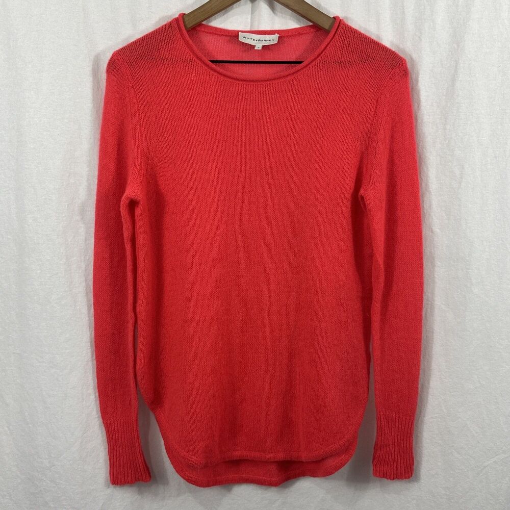 White + Warren Coral Orange 100% Cashmere Roll Neck Lightweight Sweater Sz S